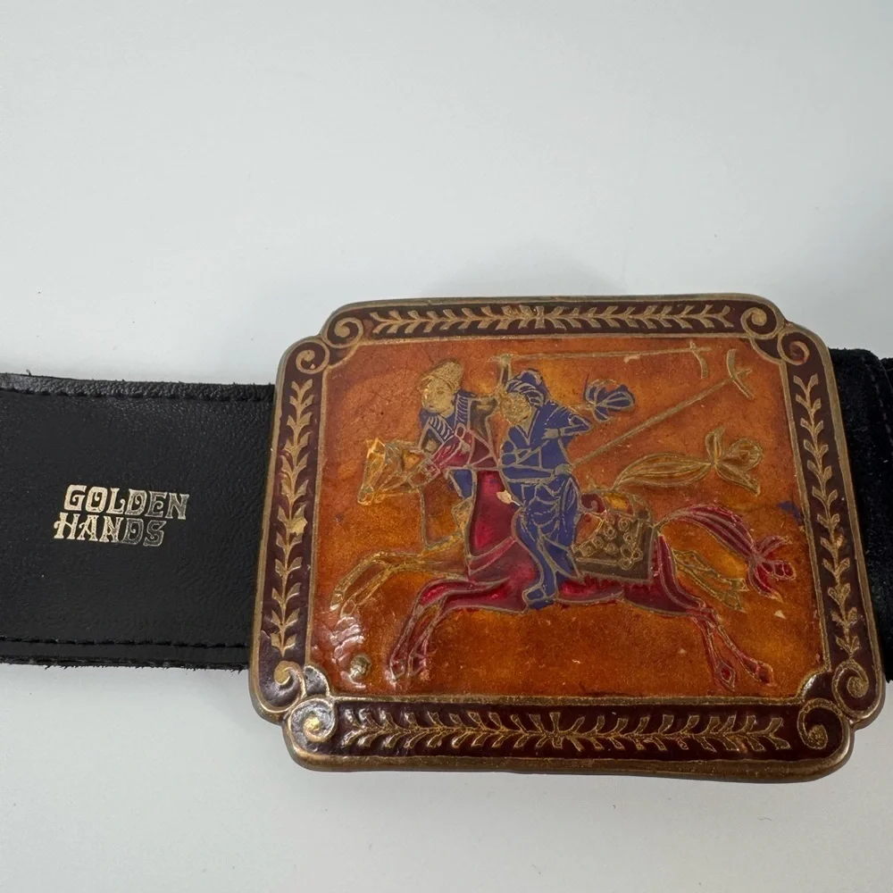 Vintage Warrior Horse Golden Hands Made in INDIA BELT & BUCKLE Enamel